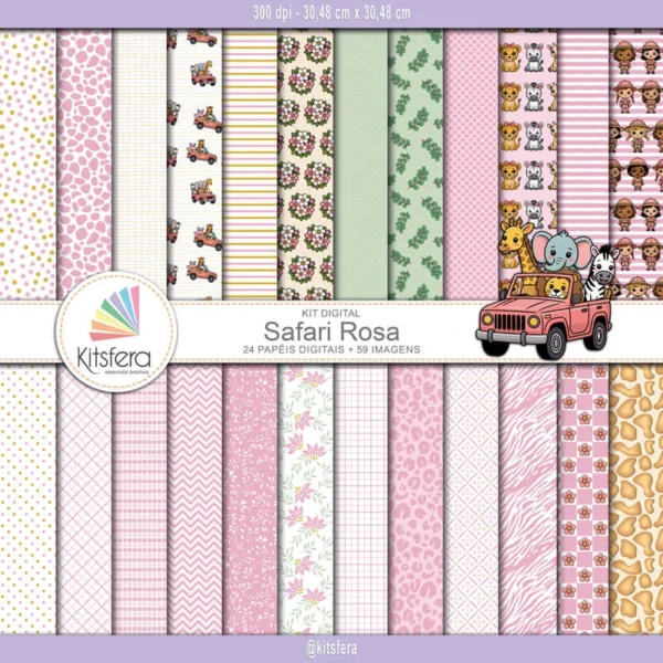 Kit de Papel Digital Safari Rosa