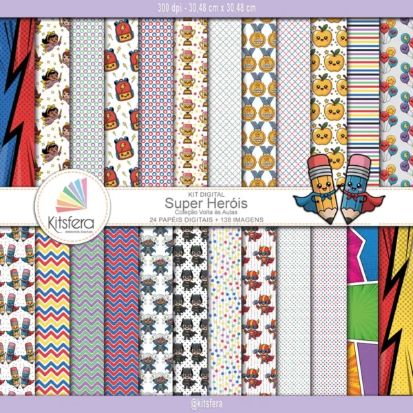 Kit de Papel Digital Super Heróis - Volta às Aulas