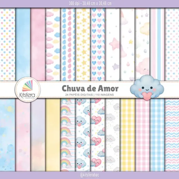Kit de Papel Digital Chuva de Amor Aquarelado